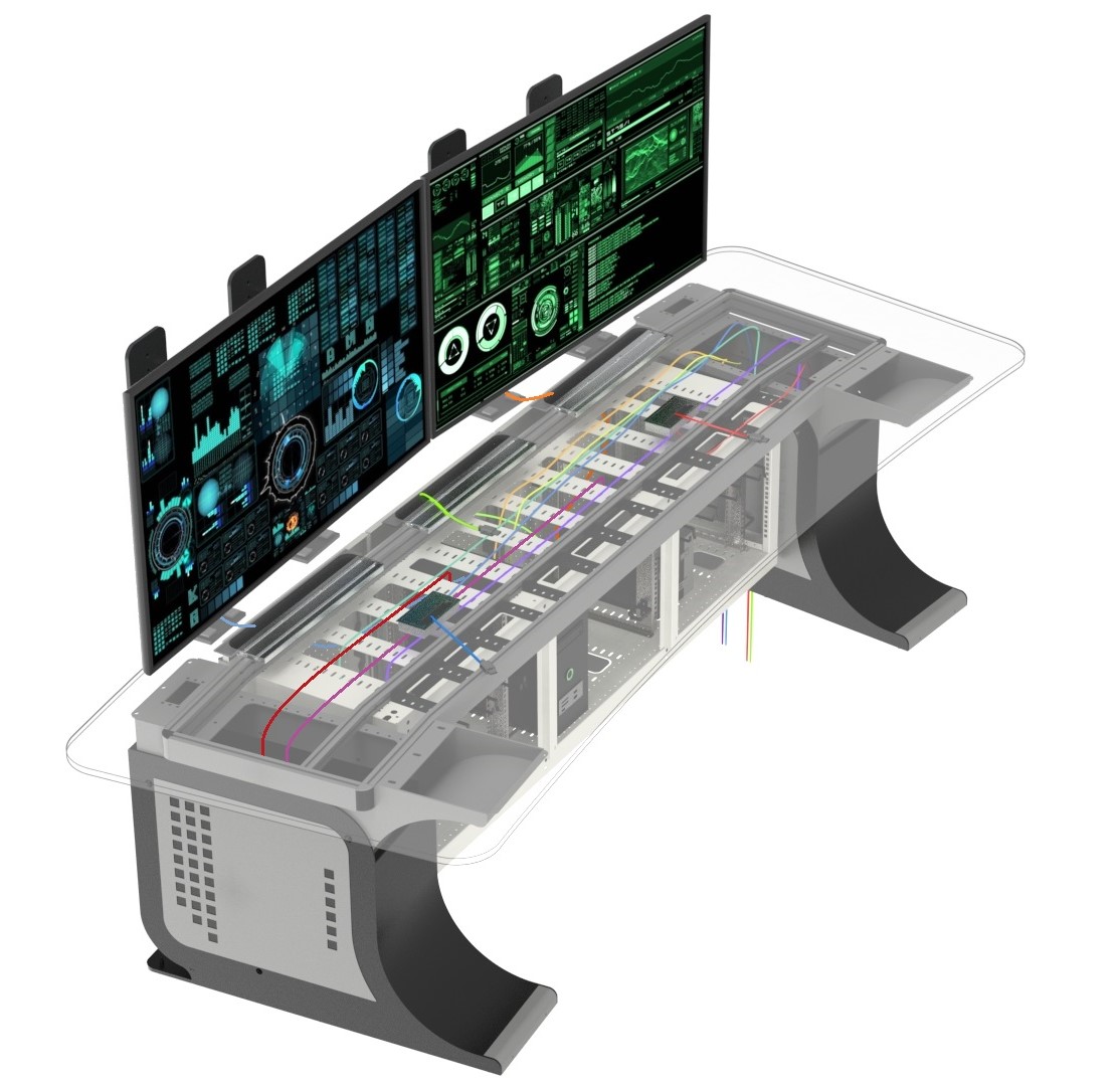 CONSOLE PER CONTROL ROOM DETTAGLIO PASSAGGIO CAVI E ALLOGGO APPARECCHIATURE