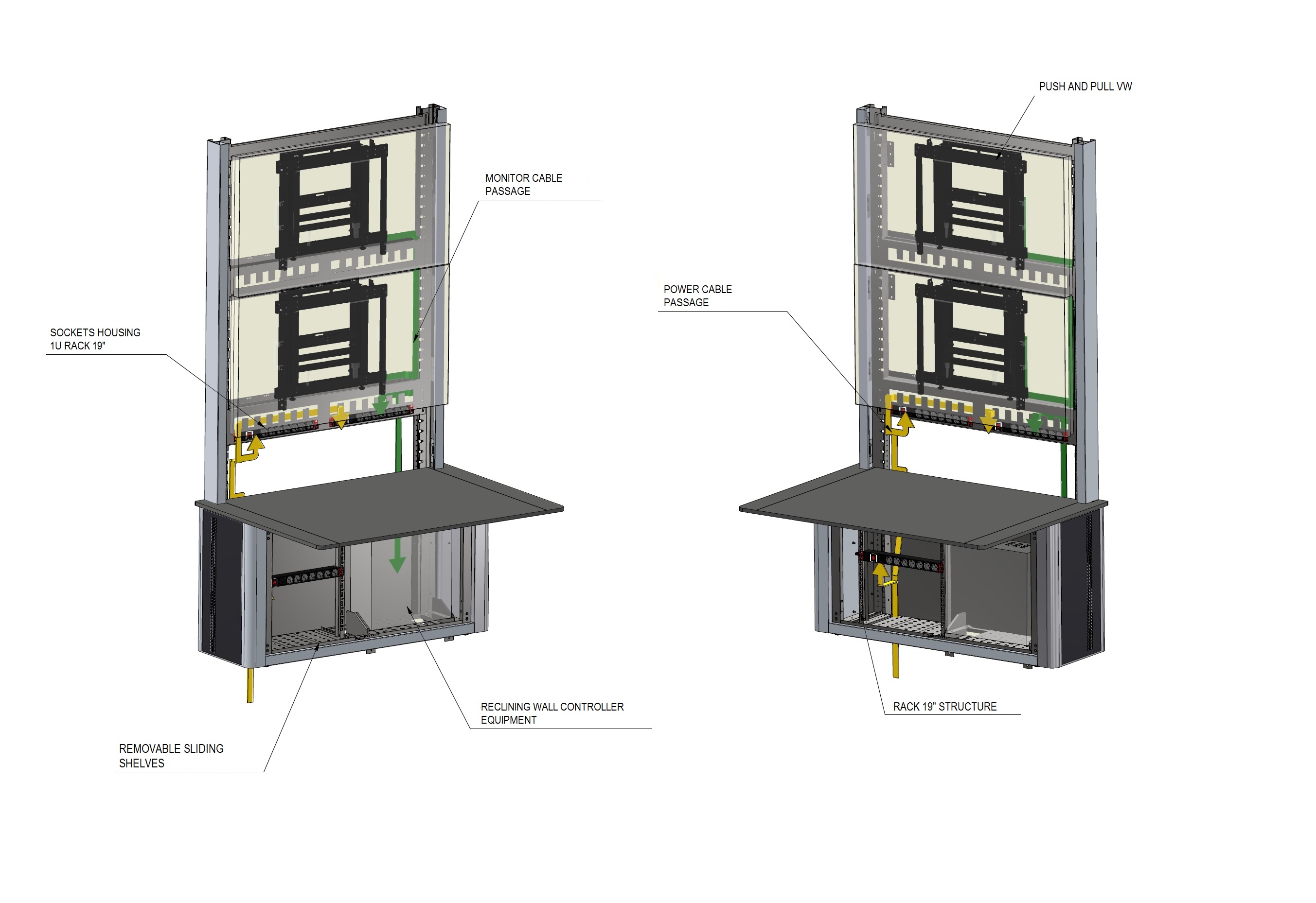 video wall structur for monitors and displays with cable passage and equipment housing